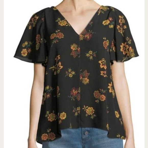 A.L.C. Tops - A.L.C. Clara Black Silk Shirt Moody Floral Print Short Flutter Sleeve 4